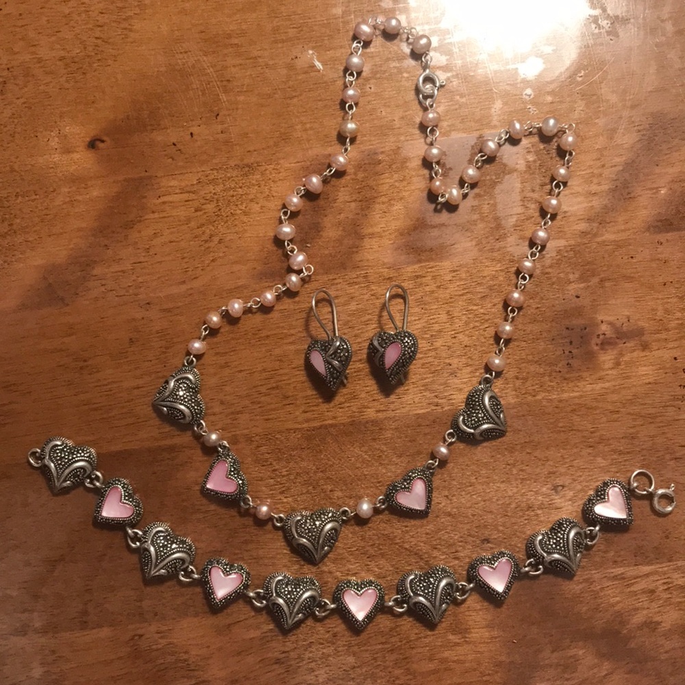 Sterling Silver Pearl Heart Set